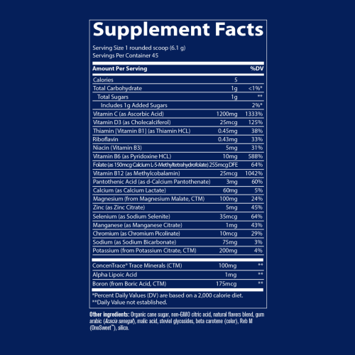 Electrolitos power pak naranja de Trace - información nutricional